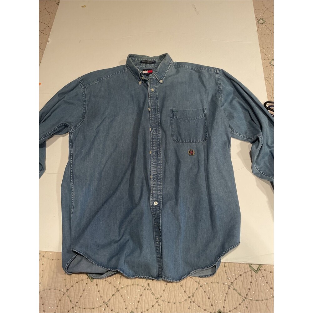 Vintage 90s Tommy Hilfiger Denim Button Down Shirt Lion Crest Mens Sz Large